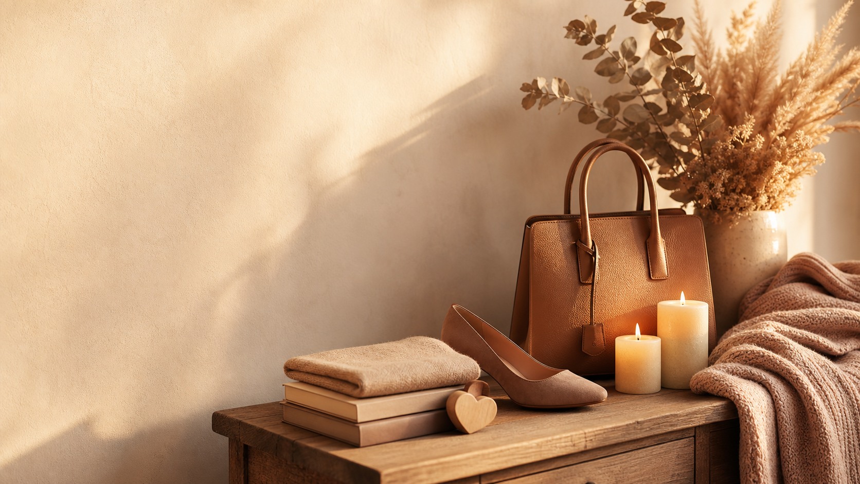 Warm, styled hoekie van die winkel se verskeidenheid in goue lig